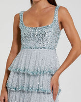 Blue Embellished Net Tiered Ruffle Scoop Neck Dress